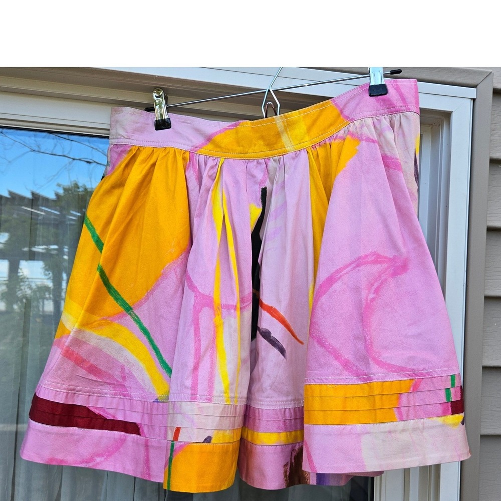 Aje Pink Yellow Abstract Painterly Print Cotton Mini Skirt Size 16